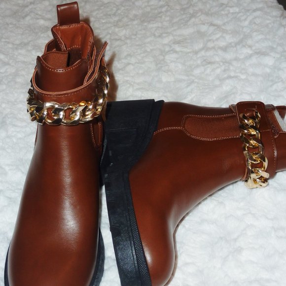 NEW Womens Forever Link Chestnut Brown Boots Gold Chain Accents Chunky Heel 8.5 - Picture 5 of 9
